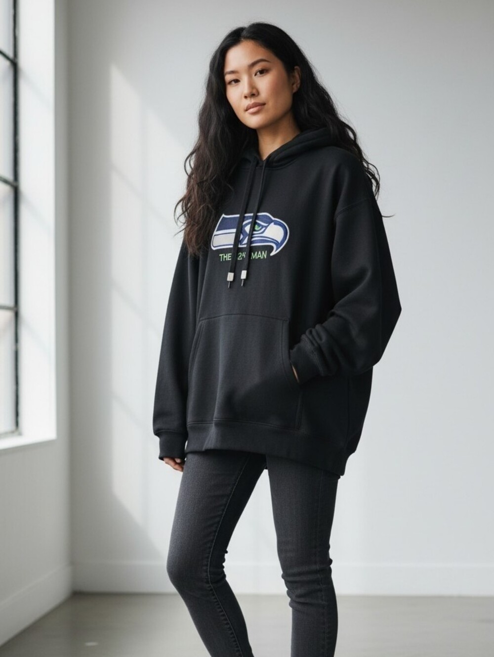 Seattle Seahawks 12th Man Embroidered Hoodie XL Black Retro NFL Oversized Sweats